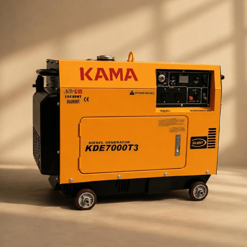 KAMA KDE7000T3 silent diesel Wheeled sound-attenuated set · 50 Hz panel — product photograph